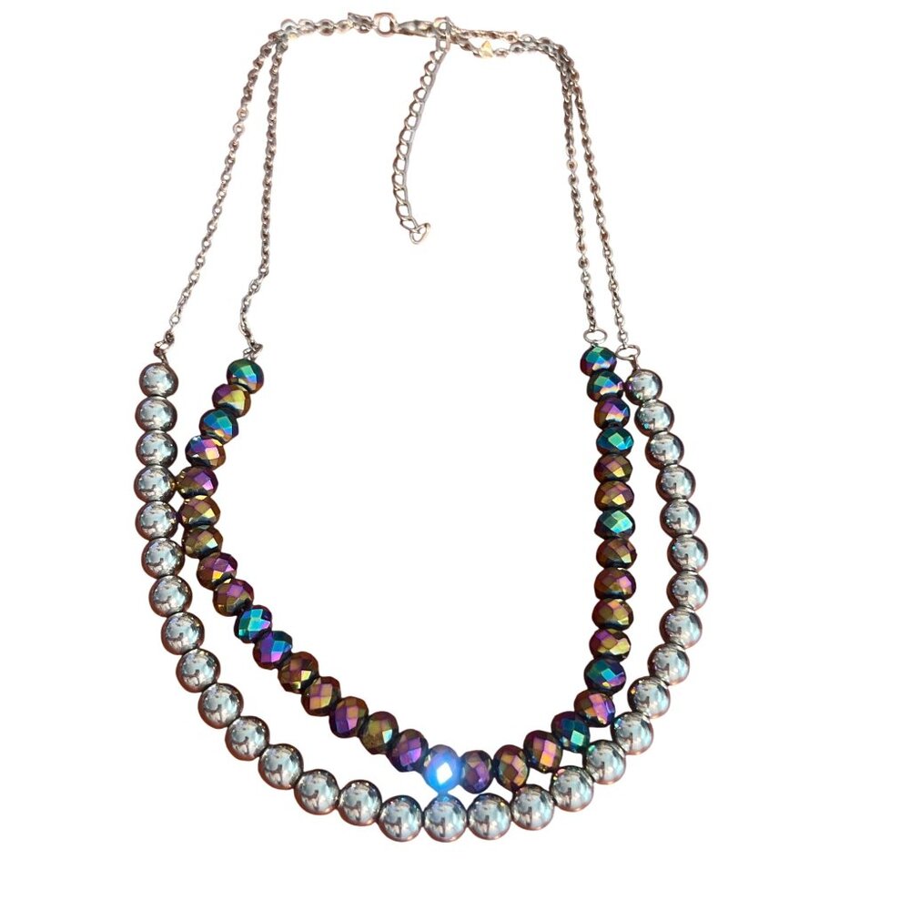 Iridescent Glass Beaded Double Strand Chain Necklace Adjustable Lobster 20.5"